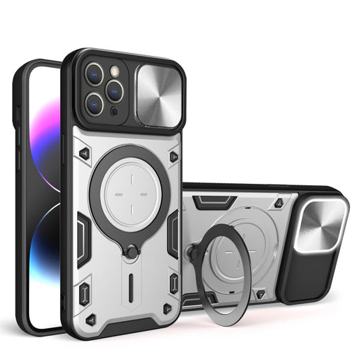For iPhone 12 Pro CD Texture Sliding Camshield Magnetic Holder Phone Case(Silver) - BaskiFit