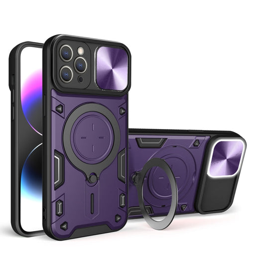 For iPhone 13 CD Texture Sliding Camshield Magnetic Holder Phone Case(Purple) - BaskiFit