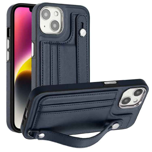 For iPhone 13 Shockproof Leather Phone Case with Wrist Strap(Blue)