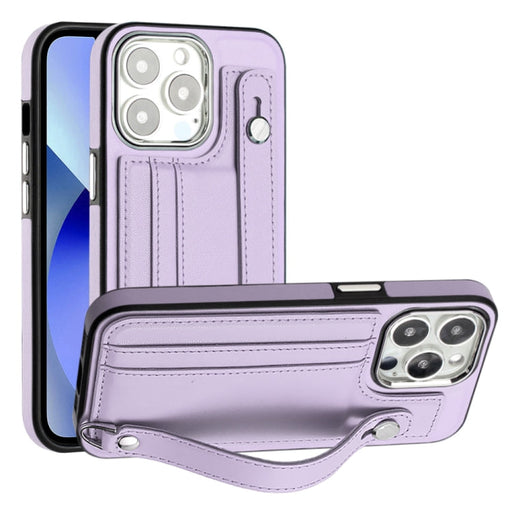 For iPhone 13 Pro Shockproof Leather Phone Case with Wrist Strap(Purple) - BaskiFit