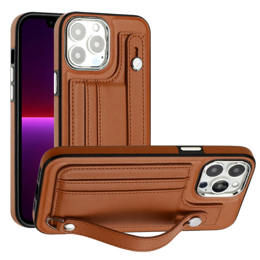 For iPhone 13 Pro Max Shockproof Leather Phone Case with Wrist Strap(Brown) - BaskiFit