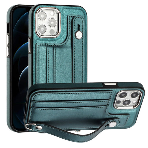 For iPhone 12 / 12 Pro Shockproof Leather Phone Case with Wrist Strap(Green) - BaskiFit