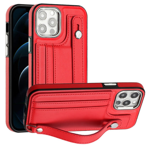 For iPhone 12 Pro Max Shockproof Leather Phone Case with Wrist Strap(Red) - BaskiFit
