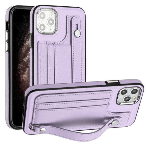 For iPhone 11 Pro Max Shockproof Leather Phone Case with Wrist Strap(Purple) - BaskiFit