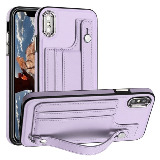 For iPhone XS Max Shockproof Leather Phone Case with Wrist Strap(Purple) - BaskiFit