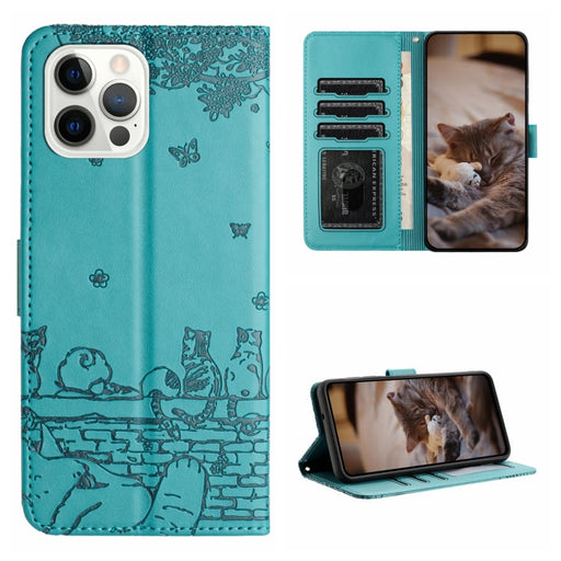 For iPhone 12 Cat Embossing Pattern Leather Phone Case with Lanyard(Blue) - BaskiFit