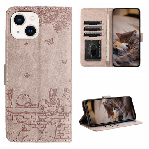 For iPhone 13 Cat Embossing Pattern Leather Phone Case with Lanyard(Grey) - BaskiFit