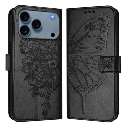 For iPhone 17 Pro Embossed Butterfly Leather Phone Case(Black)