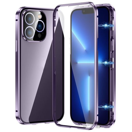 For iPhone 13 Pro Magnetic Double-buckle HD Tempered Glass Phone Case(Purple) - BaskiFit