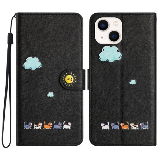 For iPhone 13 mini Cartoon Cats Leather Phone Case(Black) - BaskiFit