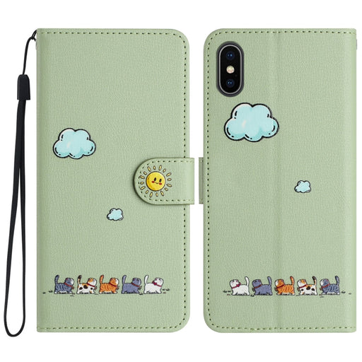 For iPhone XS Max Cartoon Cats Leather Phone Case(Green) - BaskiFit