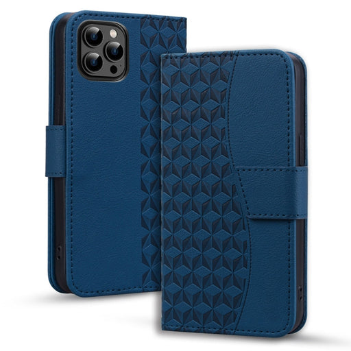 For iPhone 12 Pro Max Business Diamond Buckle Leather Phone Case with Lanyard(Royal Blue) - BaskiFit