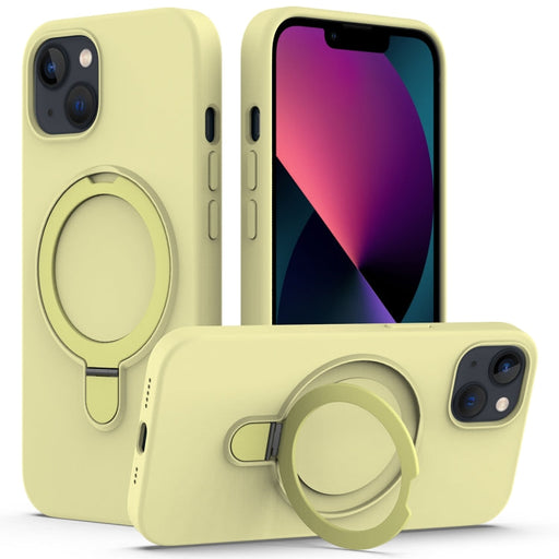 For iPhone 13 Liquid Silicone MagSafe Magnetic Phone Case with Ring Holder(Yellow) - BaskiFit