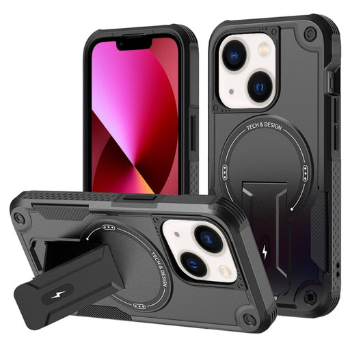 For iPhone 13 Armor Magsafe Holder PC Hybrid TPU Phone Case(Black) - BaskiFit