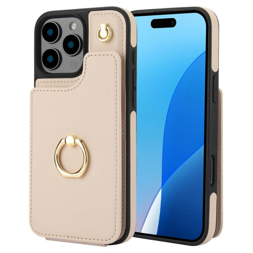 For iPhone 16 Pro Max YM005 Skin Feel Card Bag Phone Case with Long Lanyard(Apricot) - BaskiFit