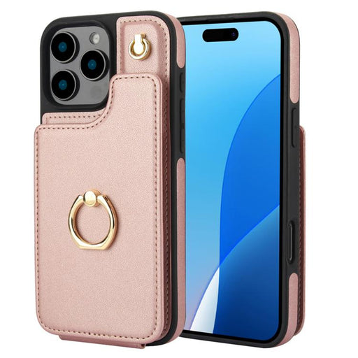 For iPhone 16 Pro Max YM005 Skin Feel Card Bag Phone Case with Long Lanyard(Rose Gold) - BaskiFit