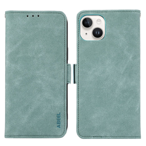 For iPhone 13 ABEEL Frosted Magnetic RFID Leather Phone Case(Cyan) - BaskiFit