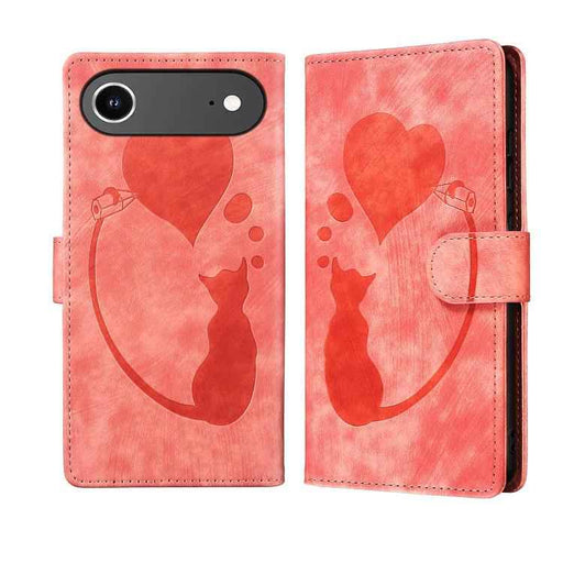 For iPhone 17 Air Pen Heart Cat Embossed Leather Phone Case(Orange)