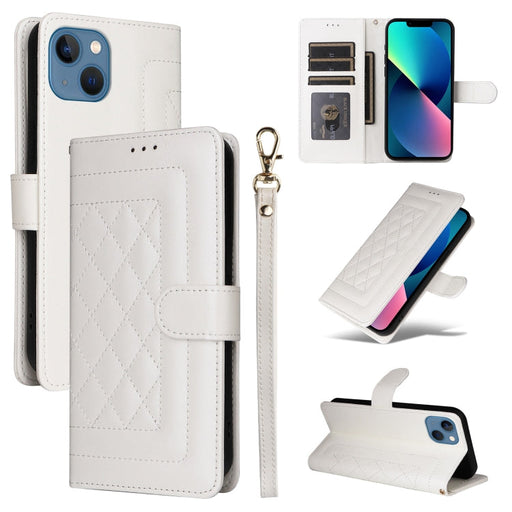 For iPhone 13 Diamond Lattice Leather Flip Phone Case(White) - BaskiFit