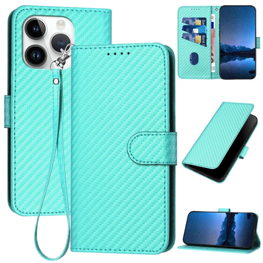 For iPhone 13 Pro YX0070 Carbon Fiber Buckle Leather Phone Case with Lanyard(Light Blue) - BaskiFit