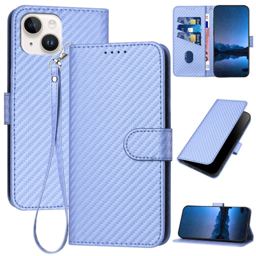 For iPhone 13 YX0070 Carbon Fiber Buckle Leather Phone Case with Lanyard(Light Purple) - BaskiFit