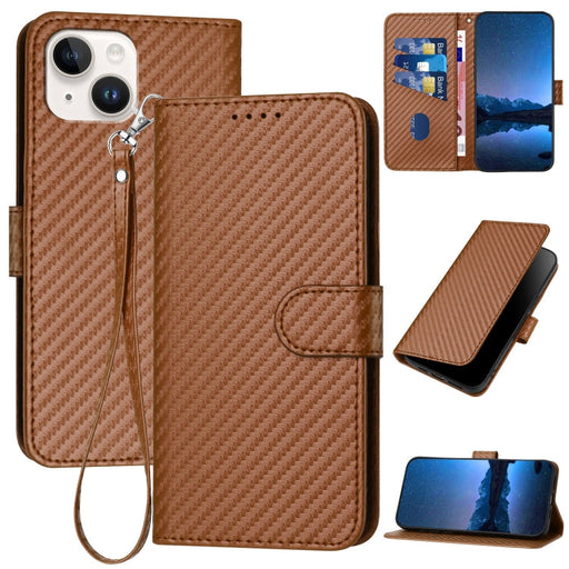 For iPhone 13 mini YX0070 Carbon Fiber Buckle Leather Phone Case with Lanyard(Coffee) - BaskiFit