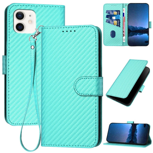 For iPhone 12 mini YX0070 Carbon Fiber Buckle Leather Phone Case with Lanyard(Light Blue) - BaskiFit