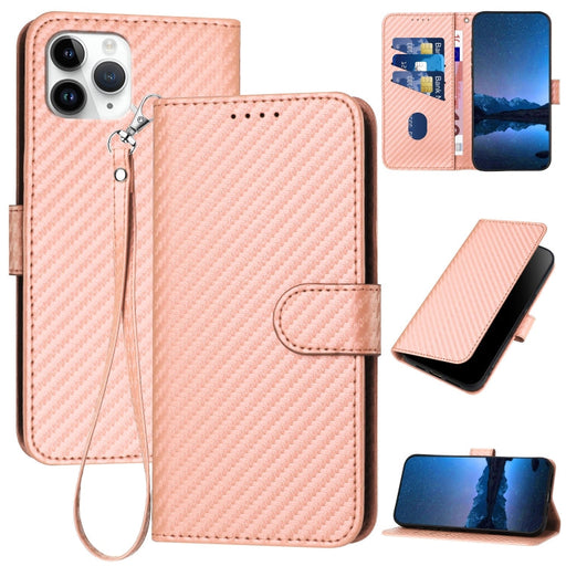 For iPhone 11 Pro YX0070 Carbon Fiber Buckle Leather Phone Case with Lanyard(Pink) - BaskiFit