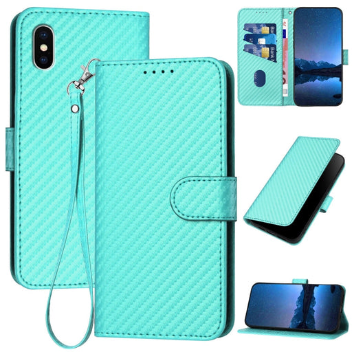 For iPhone XS Max YX0070 Carbon Fiber Buckle Leather Phone Case with Lanyard(Light Blue) - BaskiFit