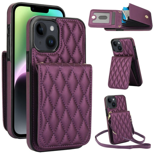 For iPhone 13 YM015 Crossbody Rhombic Card Bag RFID Phone Case(Dark Purple) - BaskiFit