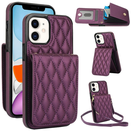 For iPhone 11 YM015 Crossbody Rhombic Card Bag RFID Phone Case(Dark Purple) - BaskiFit