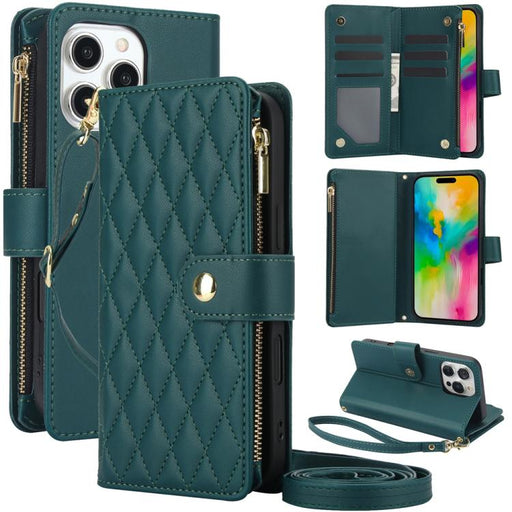 For iPhone 16 Pro Max YM016 Rhombic Zipper Card Wallet Leather Phone Case with Lanyard(Green) - BaskiFit