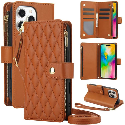 For iPhone 16 Pro Max YM016 Rhombic Zipper Card Wallet Leather Phone Case with Lanyard(Brown) - BaskiFit