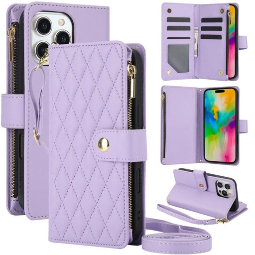 For iPhone 16 Pro Max YM016 Rhombic Zipper Card Wallet Leather Phone Case with Lanyard(Light Purple) - BaskiFit