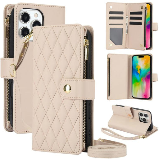 For iPhone 16 Pro Max YM016 Rhombic Zipper Card Wallet Leather Phone Case with Lanyard(Apricot) - BaskiFit