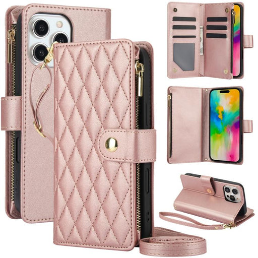 For iPhone 16 Pro Max YM016 Rhombic Zipper Card Wallet Leather Phone Case with Lanyard(Rose Gold) - BaskiFit