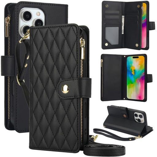 For iPhone 16 Pro Max YM016 Rhombic Zipper Card Wallet Leather Phone Case with Lanyard(Black) - BaskiFit