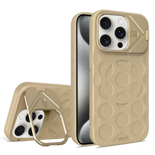For iPhone 15 Pro Lens Frame Holder MagSafe PC Hybrid TPU Phone Case(Desert Gold) - BaskiFit