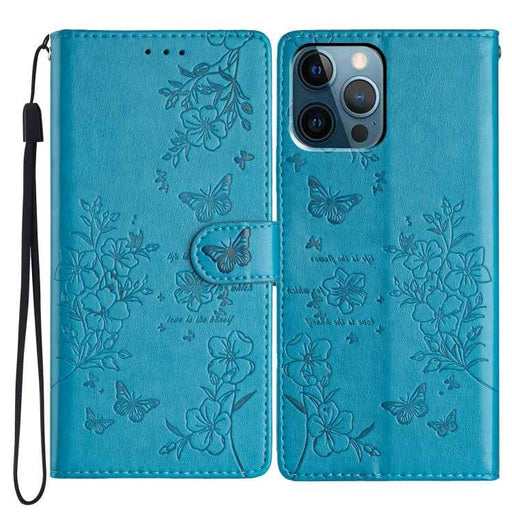 For iPhone 12 Pro Max Butterflies and Flowers Leather Phone Case(Blue)