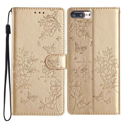 For iPhone 8 Plus / 7 Plus Butterflies and Flowers Leather Phone Case(Gold)