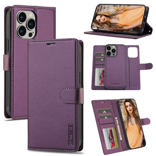 For iPhone 13 Pro LC.IMEEKE L2 Series Detachable Magsafe PU Phone Case with Lanyard(Purple) - BaskiFit