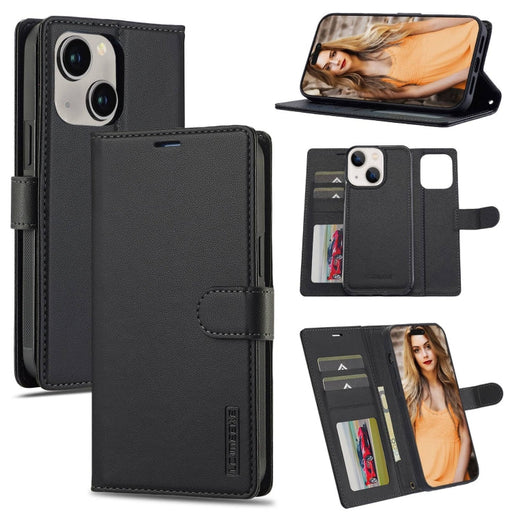 For iPhone 13 LC.IMEEKE L2 Series Detachable Magsafe PU Phone Case with Lanyard(Black) - BaskiFit