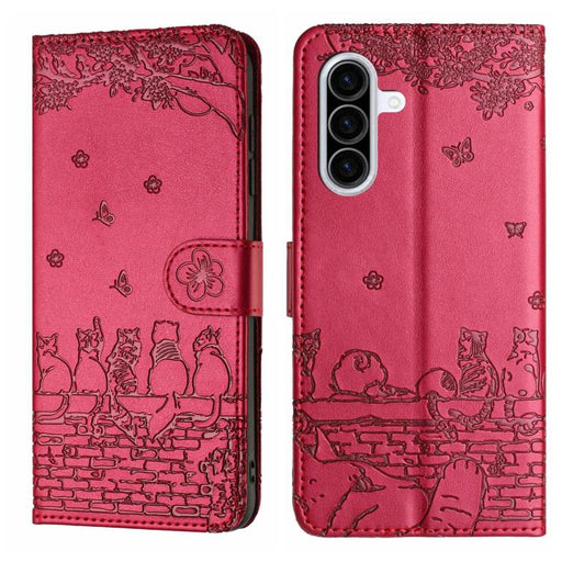 For Samsung Galaxy A36 5G Cat Embossing Pattern Leather Phone Case with Lanyard(Red)