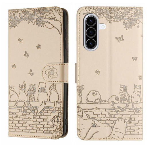 For Samsung Galaxy A36 5G Cat Embossing Pattern Leather Phone Case with Lanyard(Beige)