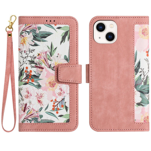 For iPhone 13 Pro Floral Pattern Leather Phone Case with Lanyard(Pink) - BaskiFit