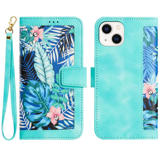 For iPhone 13 mini Floral Pattern Leather Phone Case with Lanyard(Green) - BaskiFit