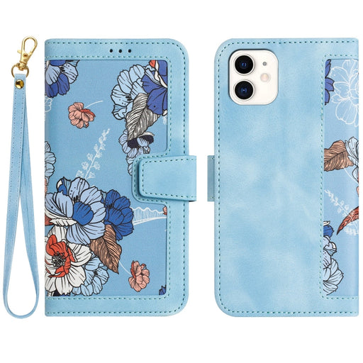 For iPhone 11 Floral Pattern Leather Phone Case with Lanyard(Light Blue) - BaskiFit
