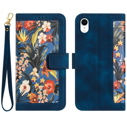 For iPhone XR Floral Pattern Leather Phone Case with Lanyard(Dark Blue) - BaskiFit