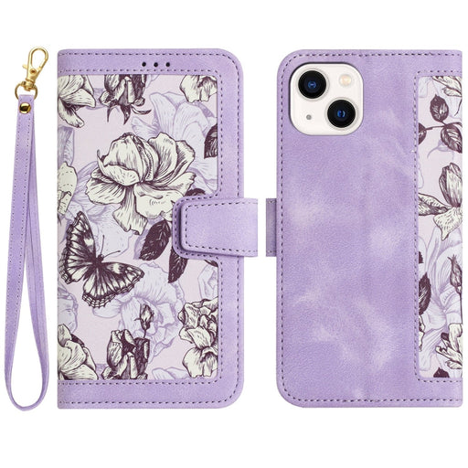 For iPhone 13 Floral Pattern Leather Phone Case with Lanyard(Light Purple) - BaskiFit