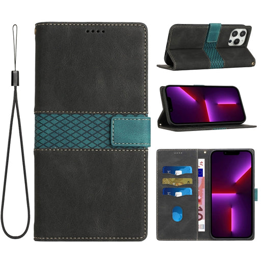 For iPhone 13 Pro Grid Stitching Leather Phone Case with Lanyard(Black) - BaskiFit